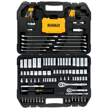Open blow-molded carrying case showing the organized layout of sockets and wrenches included in the DeWalt 142-piece set.