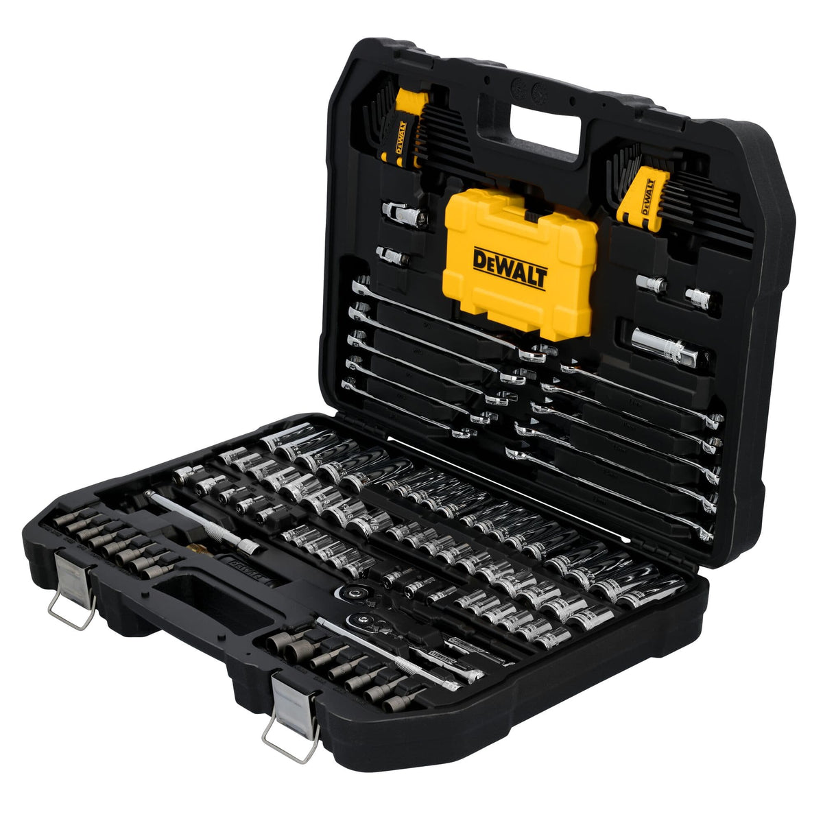 Angled view of the open DeWalt 142-piece mechanics tool case displaying custom-molded storage slots for all drive tools.