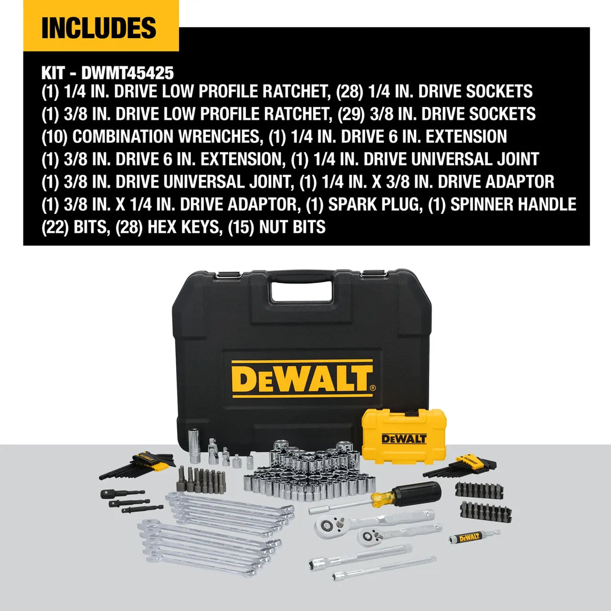 Comprehensive inventory list graphic showing the exact components packaged within the DeWalt DWMT45425 tool kit.
