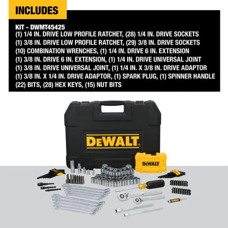 Comprehensive inventory list graphic showing the exact components packaged within the DeWalt DWMT45425 tool kit.