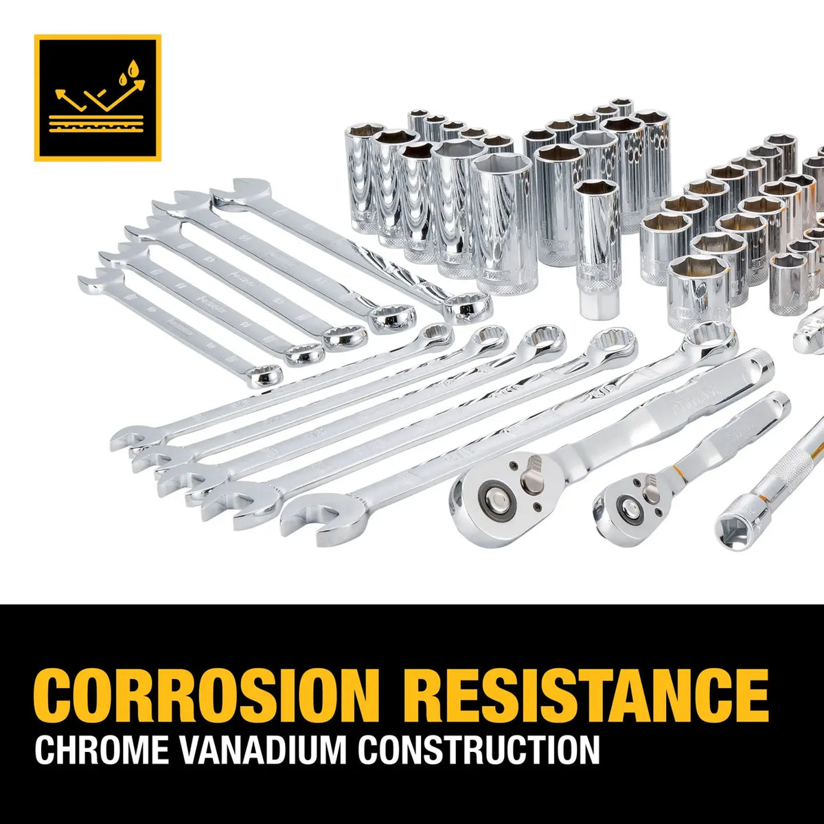 Full polish chrome vanadium steel sockets and combination wrenches included in the DeWalt 142-piece mechanics set.