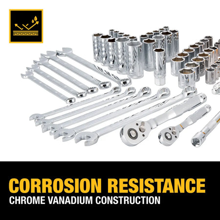 Full polish chrome vanadium steel sockets and combination wrenches included in the DeWalt 142-piece mechanics set.