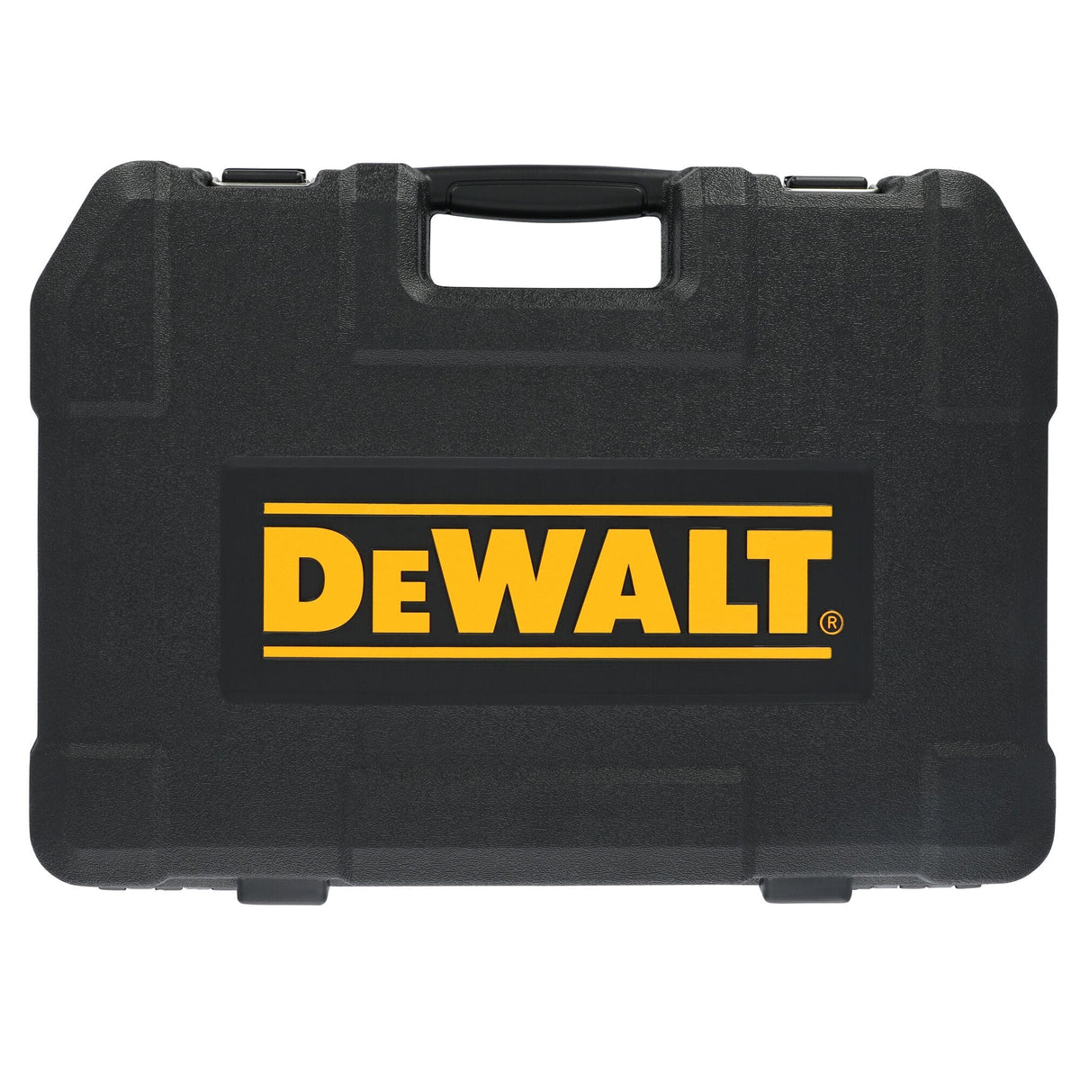 Closed black hard plastic carrying case featuring the yellow DeWalt brand logo for secure jobsite transport.
