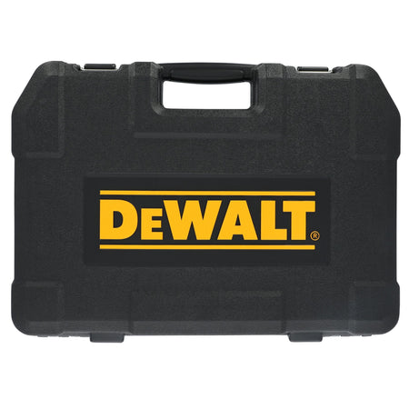 Closed black hard plastic carrying case featuring the yellow DeWalt brand logo for secure jobsite transport.