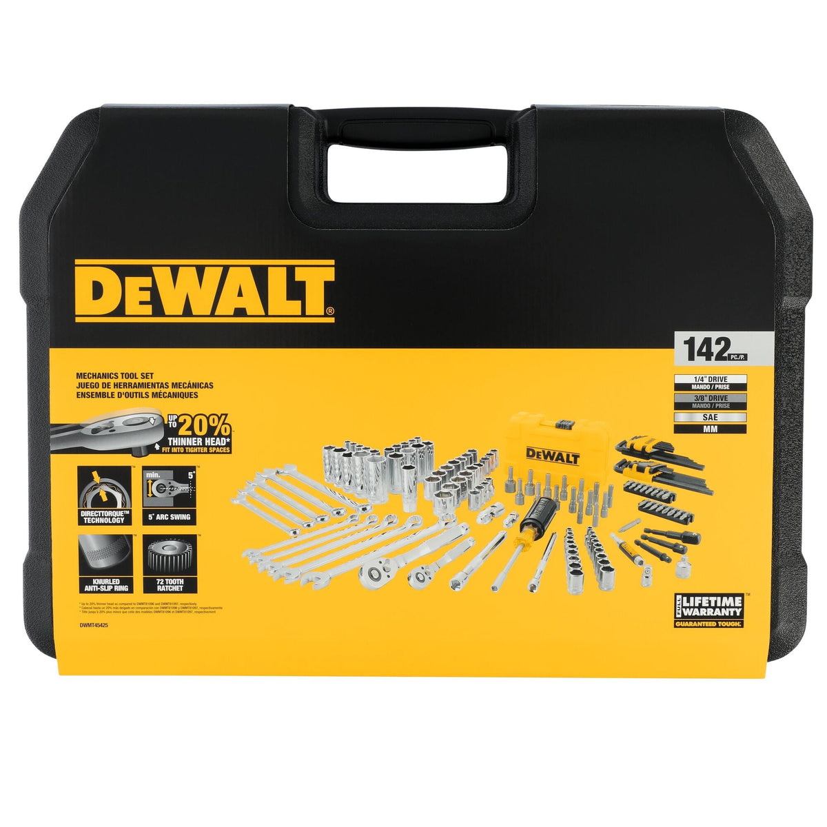 Retail packaging sleeve for the DeWalt DWMT45425 tool kit detailing features like 72-tooth ratchets and DirectTorque technology.