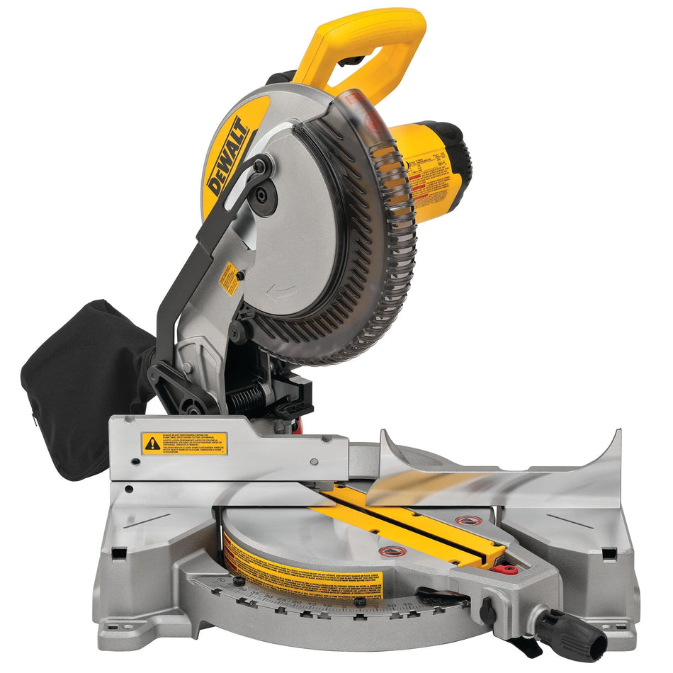 DeWalt DWS713 10-inch compound miter saw with a 15 Amp motor, tall sliding fences, and attached dust bag for woodworking.