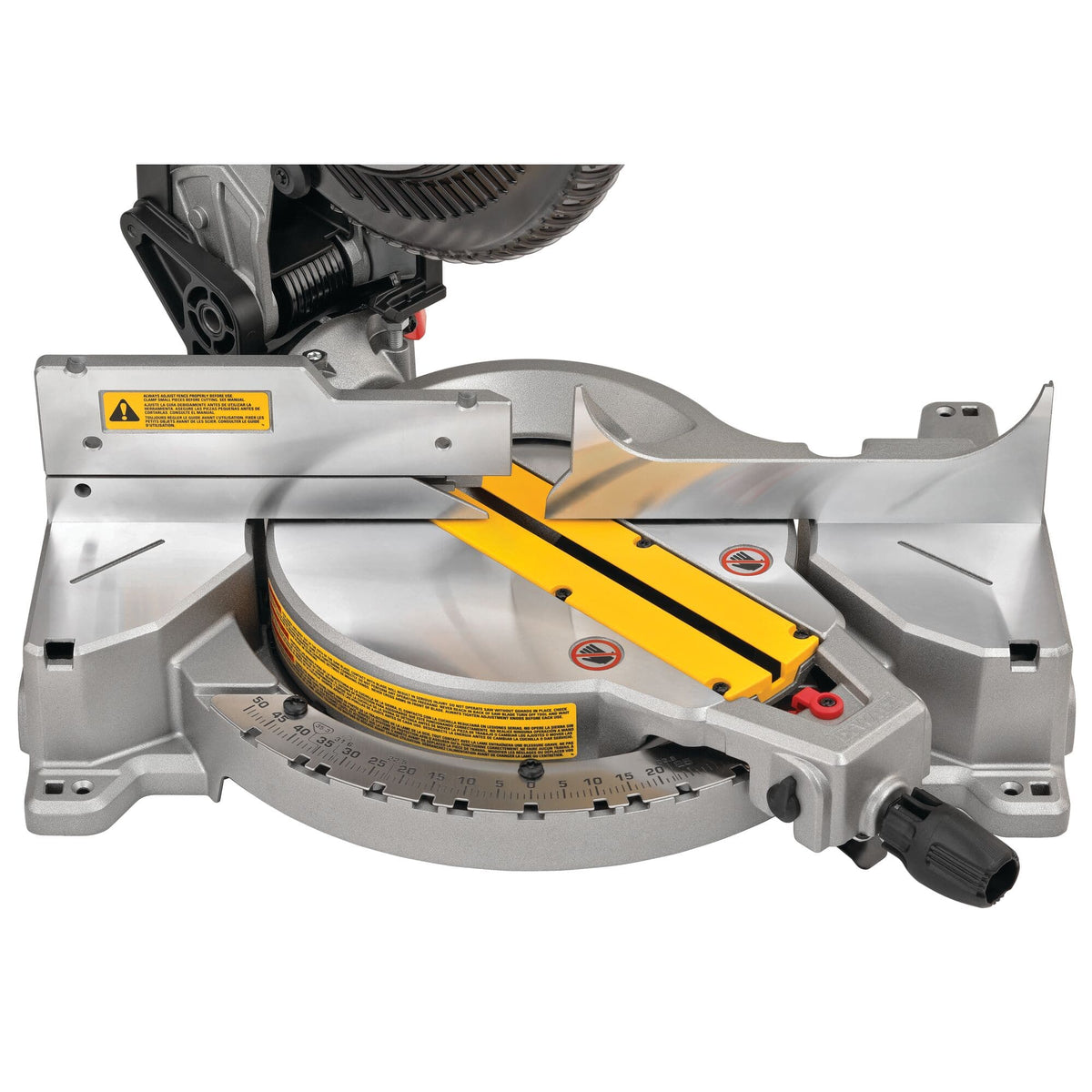 Top view of the DeWalt DWS713 stainless steel miter detent plate showing positive degree markings for precise trim cutting angles.