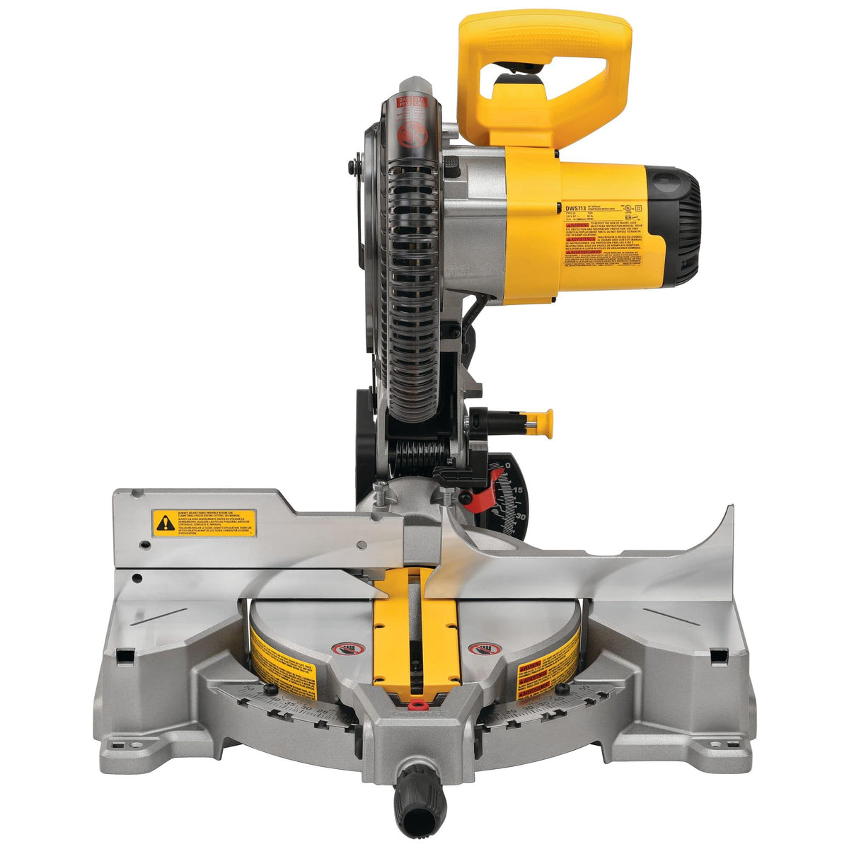 Front view of the DeWalt DWS713 10-inch compound miter saw showing the 15 Amp motor housing, blade guard, and aluminum base fence.