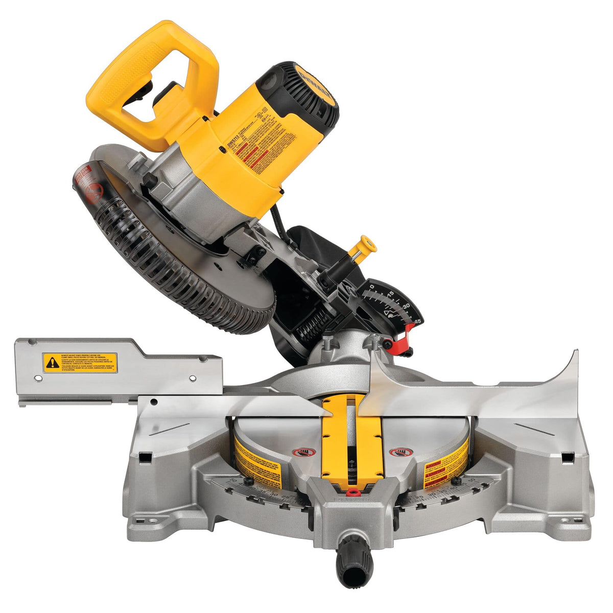 DeWalt DWS713 miter saw tilted to a left bevel angle demonstrating single-bevel compound cutting capacity for baseboards and trim.