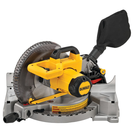 Rear view of the DeWalt DWS713 10-inch miter saw highlighting the dust collection port with cloth dust bag and upper carrying handle.