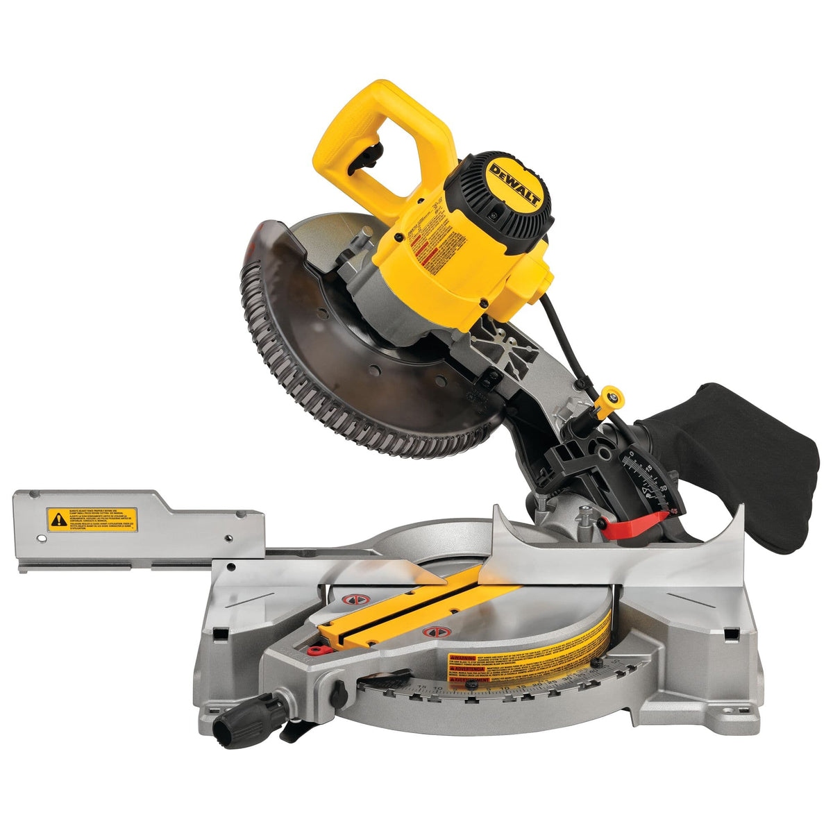 DeWalt DWS713 single-bevel miter saw head angled at a bevel showing the rear bevel clamp lever and aluminum fence clearance.