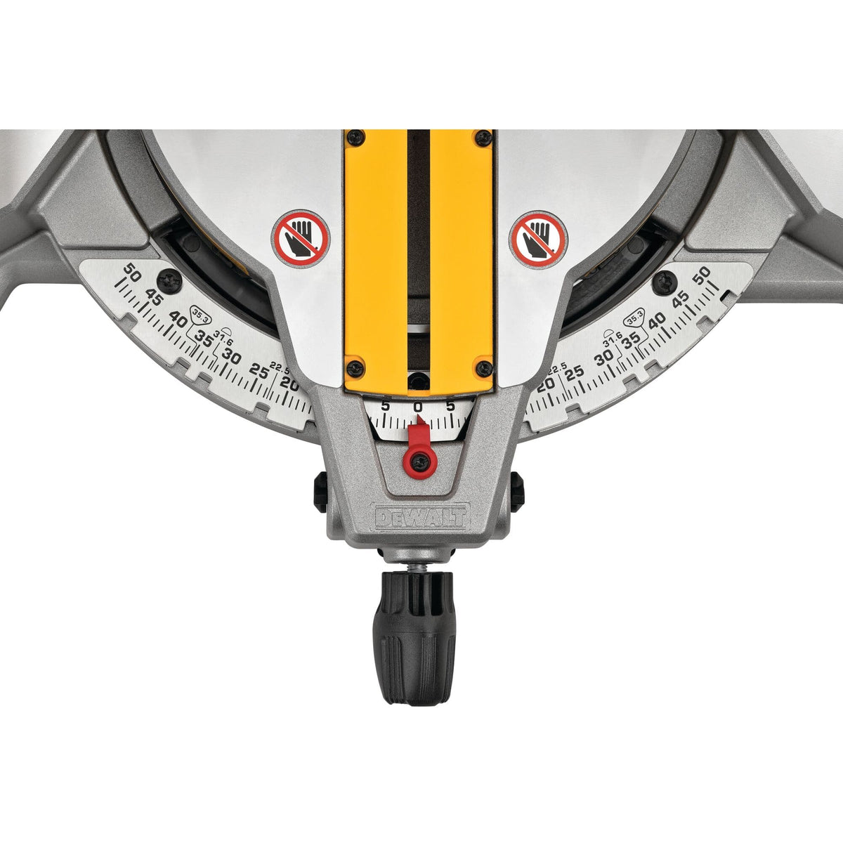 Close-up of the DeWalt DWS713 miter scale pointer and stainless steel detent plate showing precise degree increments for miter cuts.