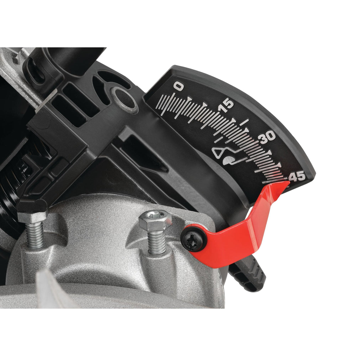 Close-up of the spring-loaded bevel detent pin mechanism on the DeWalt DWS713 single-bevel miter saw for rapid angle adjustments.
