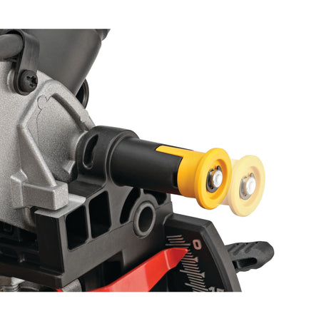 Close-up of the spring-loaded bevel detent pin mechanism on the DeWalt DWS713 single-bevel miter saw for rapid angle adjustments.