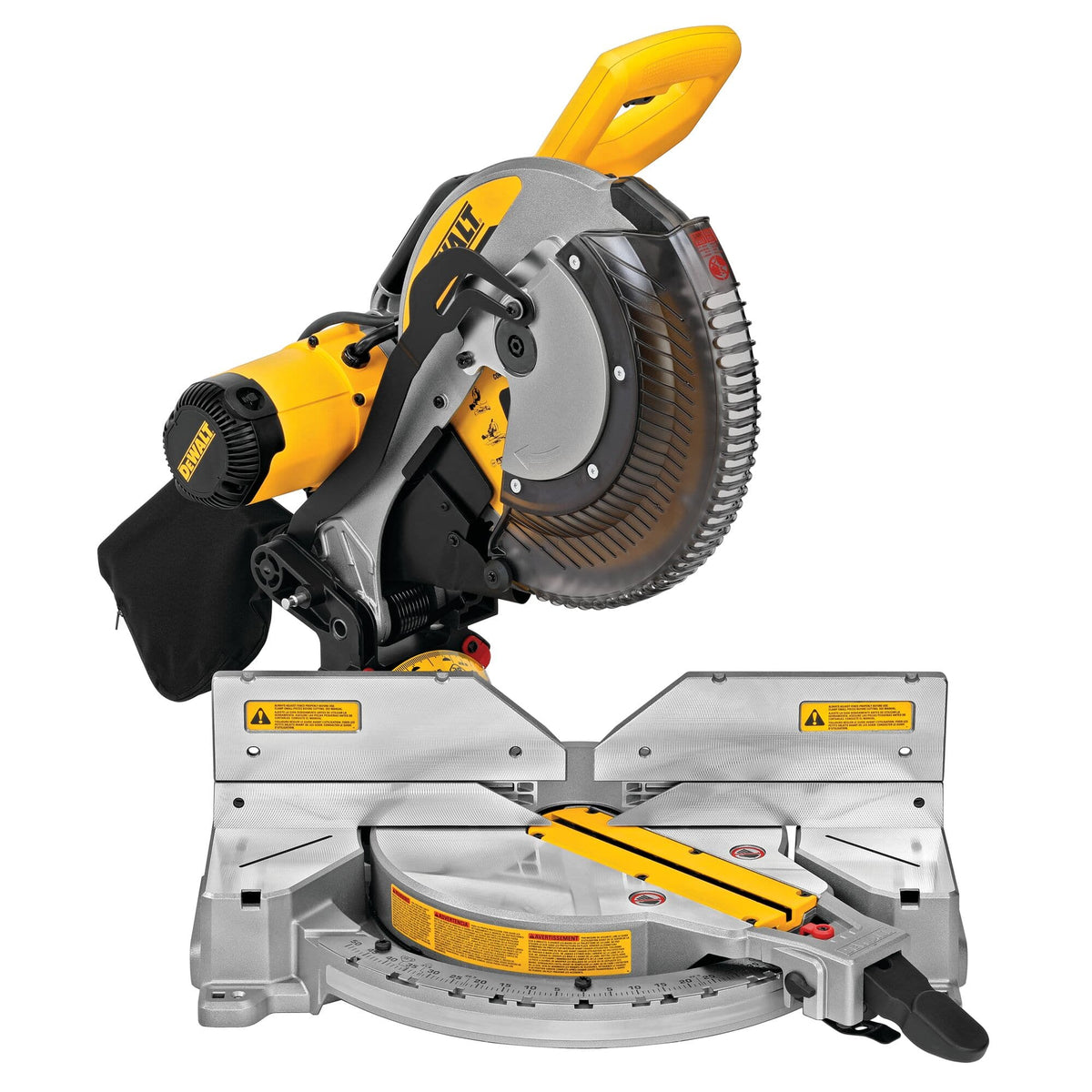 DeWalt DWS716 12-inch double-bevel compound miter saw with a 15 Amp 3,800 RPM motor, tall sliding fences, and dust bag.