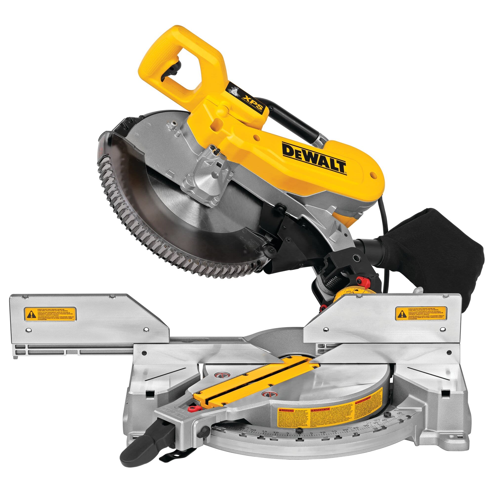 DeWalt DWS716 12-inch double-bevel miter saw showing the saw head raised with the sliding fence extended for wide trim capacity.