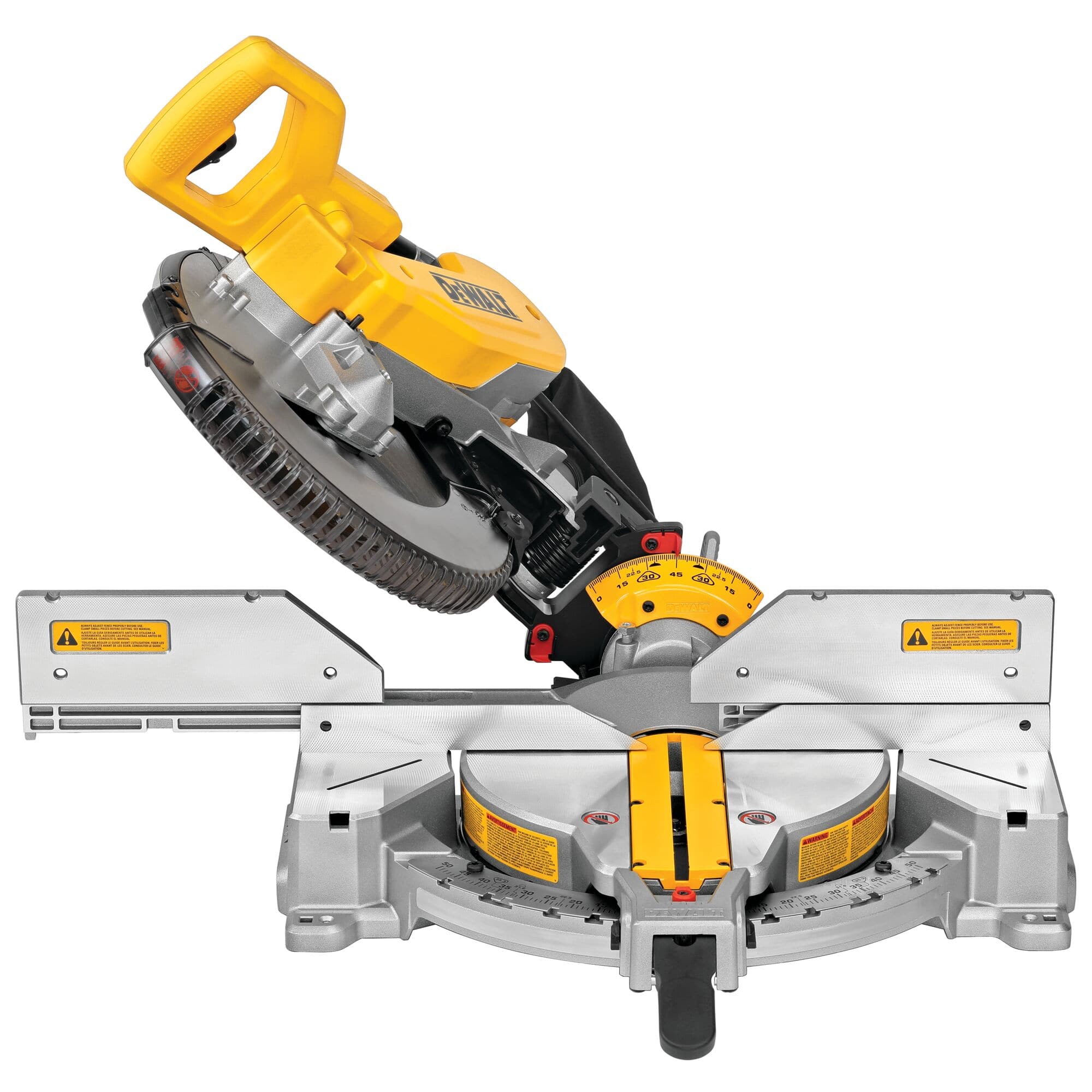 DeWalt DWS716 12-inch double-bevel miter saw tilted to a left bevel angle with tall sliding fences expanded for clearance.