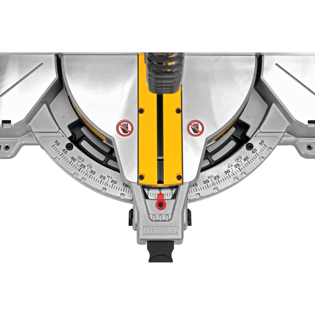 Top-down view of the stainless steel miter detent plate on the DeWalt DWS716 showing degree markings up to 50 degrees left and right.