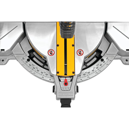 Top-down view of the stainless steel miter detent plate on the DeWalt DWS716 showing degree markings up to 50 degrees left and right.