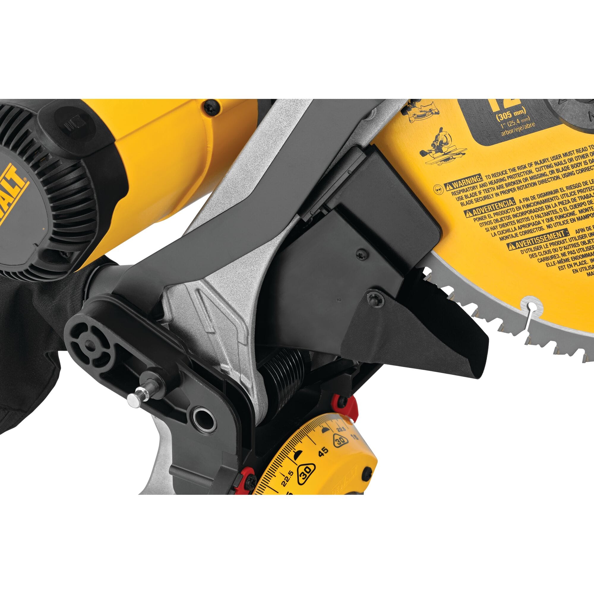 Dust collection chute and collection bag assembly on the DeWalt DWS716 12-inch miter saw designed for efficient jobsite sawdust management.