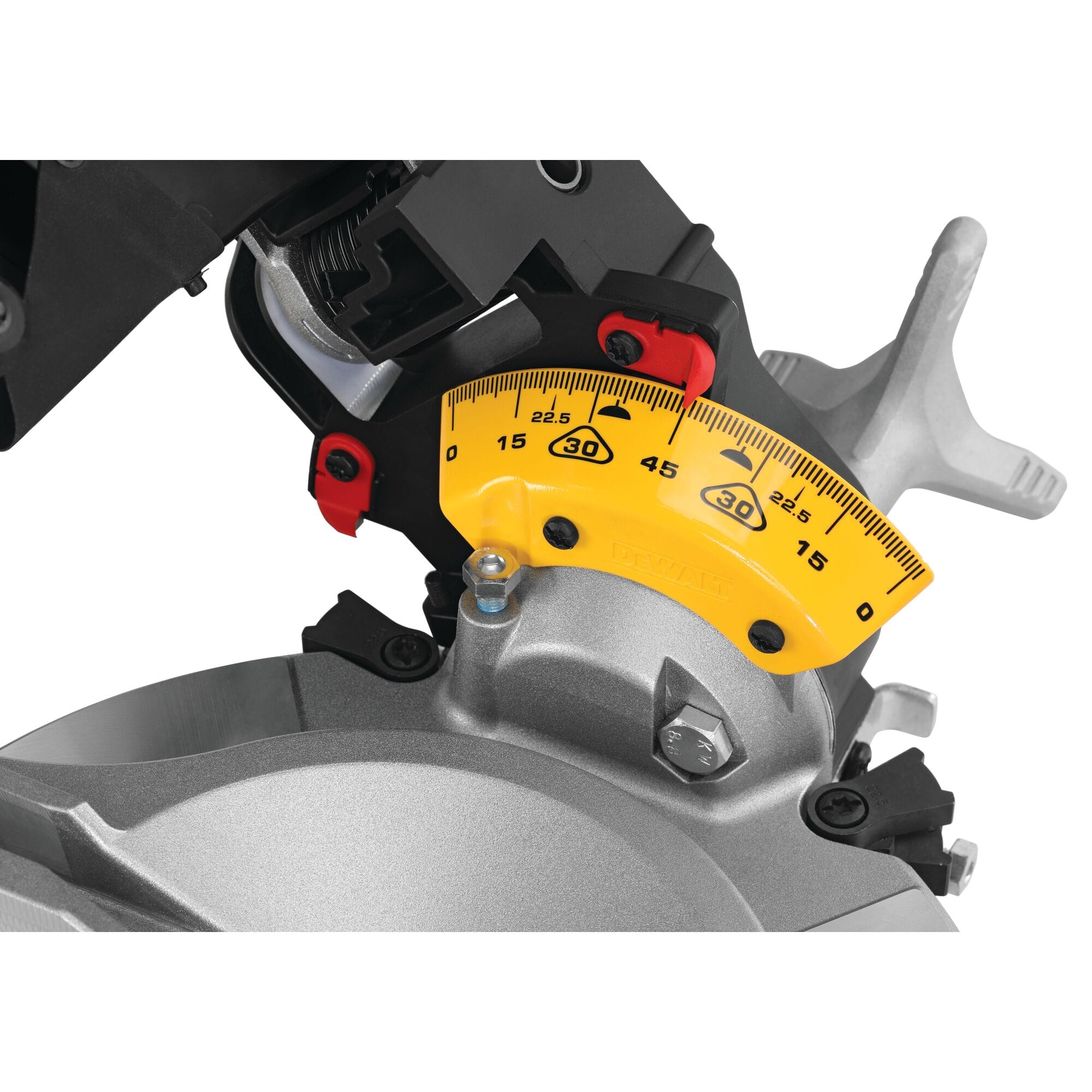 Detailed view of the yellow double-bevel scale indicator on the DeWalt DWS716 miter saw displaying degree stops up to 48 degrees.
