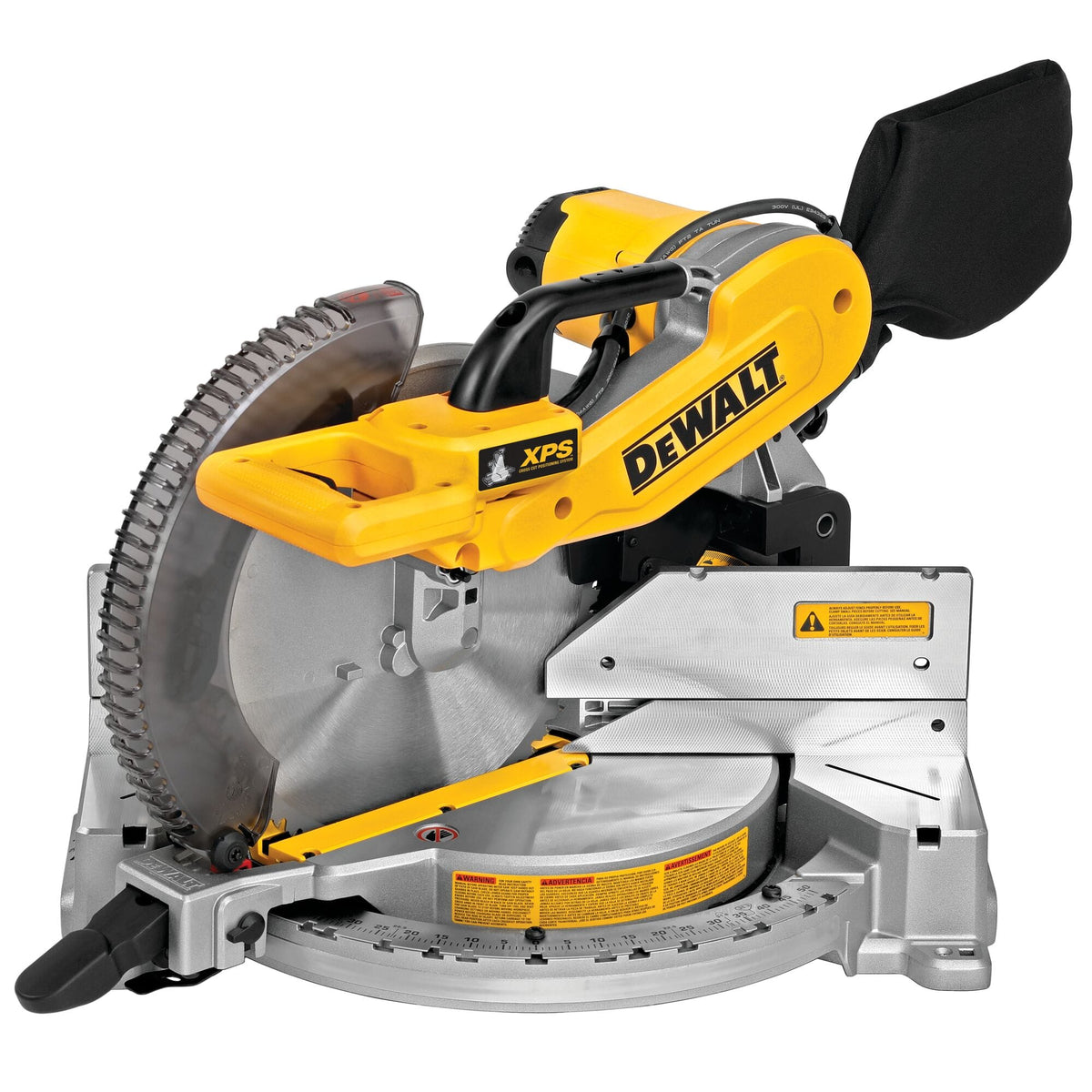 Front profile of the DeWalt DWS716 12-inch miter saw highlighting the carry handle, blade guard, and aluminum table base.