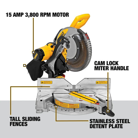 Diagram callout of the DeWalt DWS716 miter saw displaying its 15 Amp 3,800 RPM motor, tall sliding fences, and stainless steel detent plate.