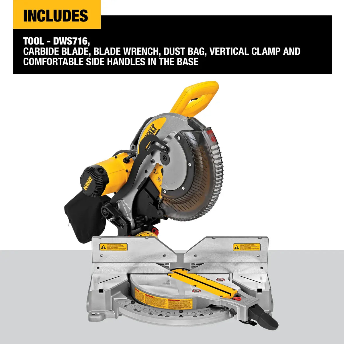 Package overview of the DeWalt DWS716 compound miter saw including carbide blade, blade wrench, dust bag, and vertical material clamp.