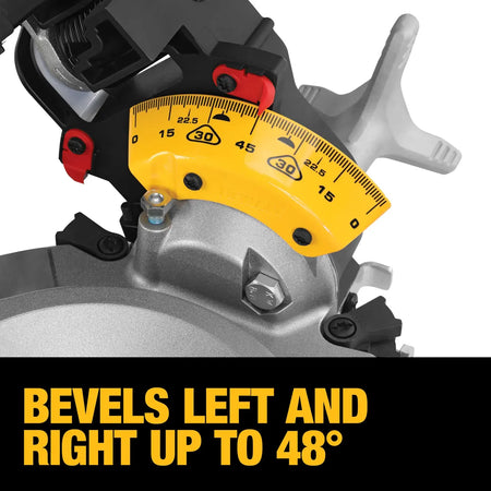 Yellow scale indicator on the DeWalt DWS716 miter saw showing double-bevel capacity angles left and right up to 48 degrees.