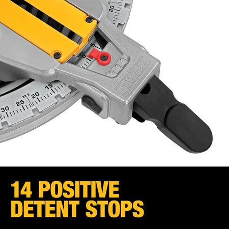 Close-up of the stainless steel miter detent plate on the DeWalt DWS716 compound saw highlighting 14 positive stop positions.
