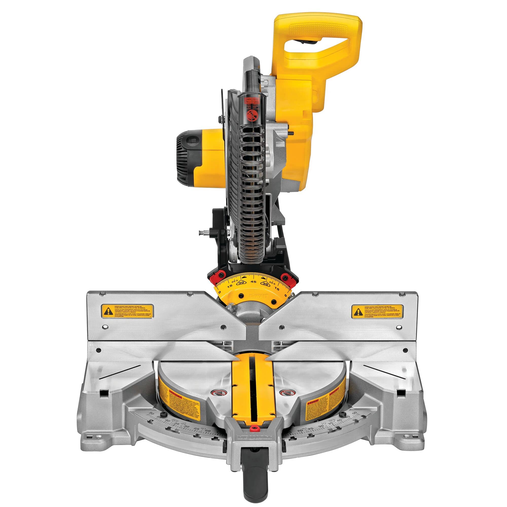 Front view of the DeWalt DWS716 12-inch double-bevel compound miter saw showing the aluminum base table, blade guard, and carrying handle.