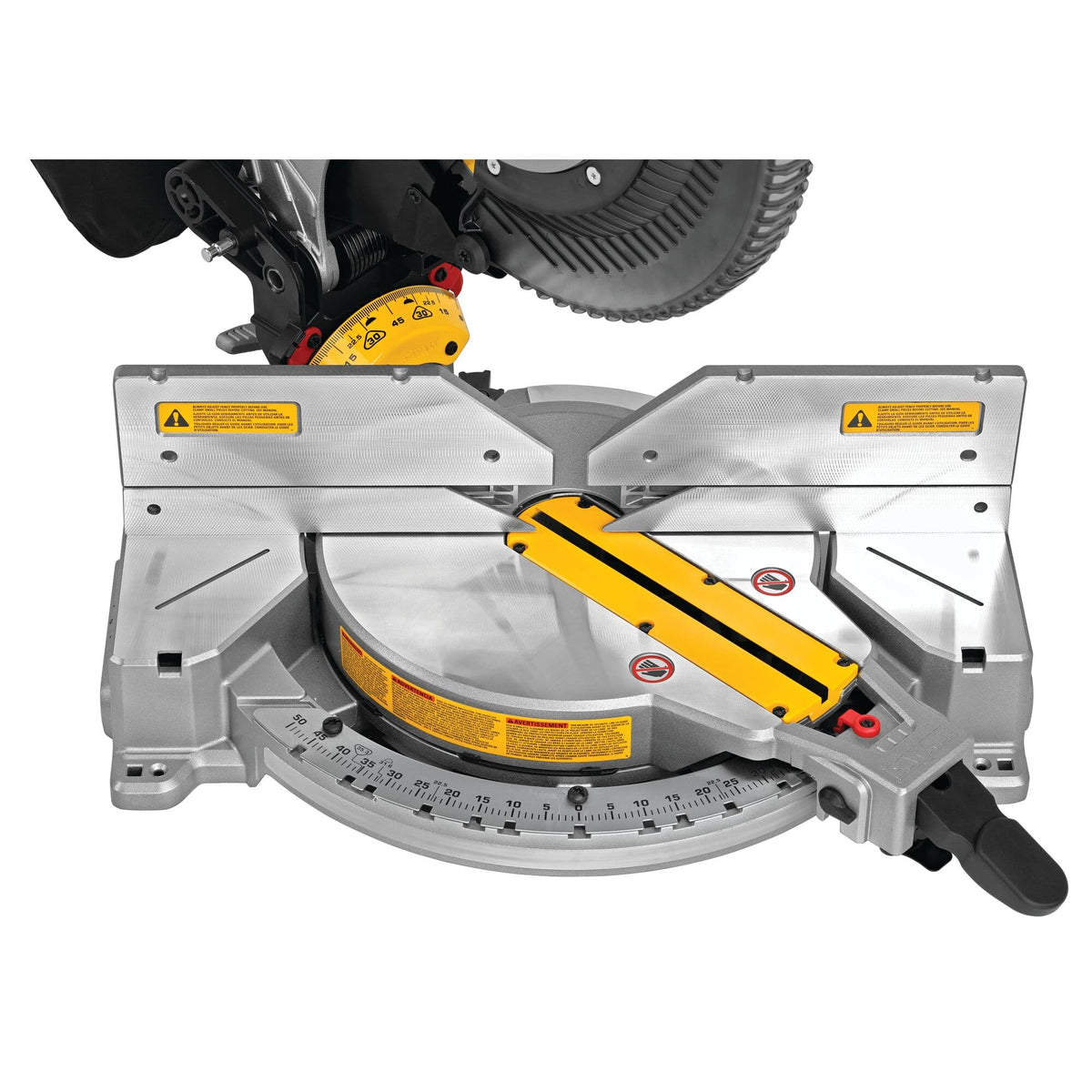 Top-down view of the DeWalt DWS716 miter table base showing stainless steel miter scale increments and yellow kerf slot plate.
