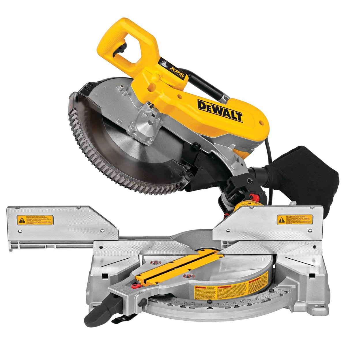 DeWalt DWS716 miter saw tilted to a left bevel angle with tall sliding fences expanded for bevel clearance.