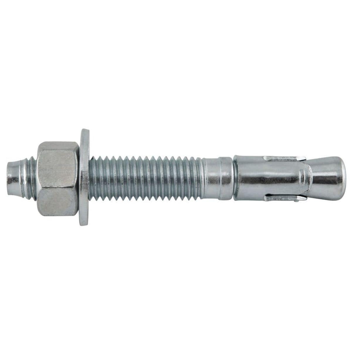DeWalt Power Stud SD1 five eighths inch by four and a half inch carbon steel wedge expansion anchor showing the fully threaded body pre-assembled with a matching hex nut, flat washer, and expansion clip mechanical concrete fastener.