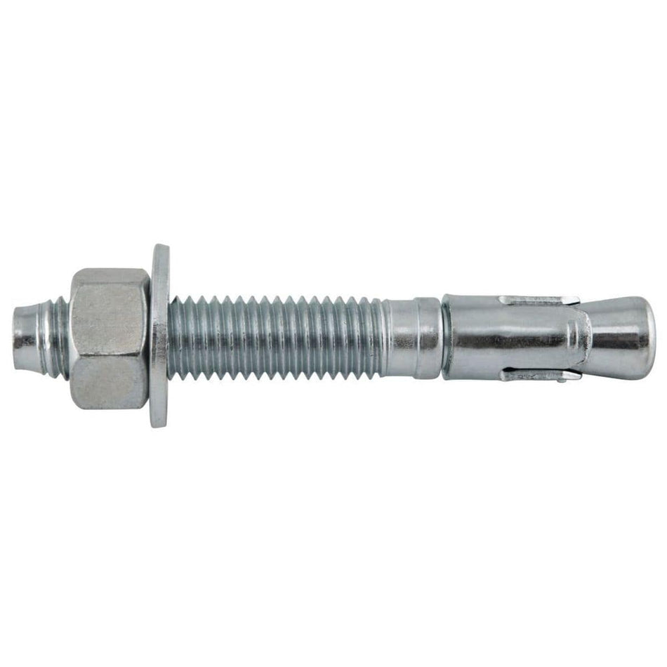 DeWalt Power Stud SD1 five eighths inch by four and a half inch carbon steel wedge expansion anchor showing the fully threaded body pre-assembled with a matching hex nut, flat washer, and expansion clip mechanical concrete fastener.