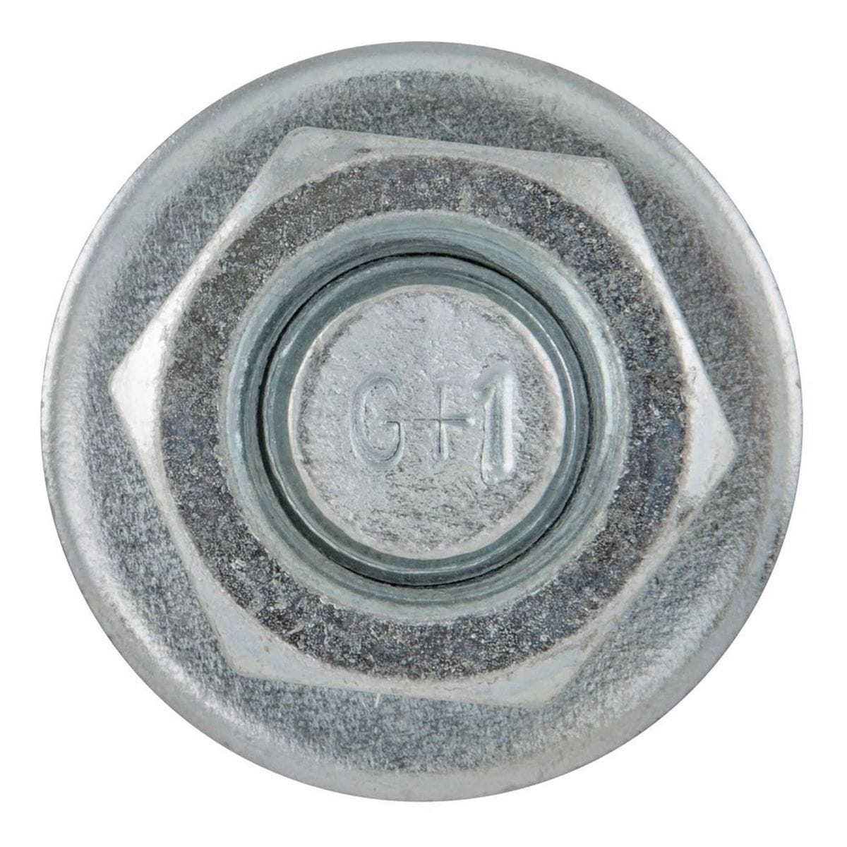 Top-down inspection view of a DeWalt Power Stud SD1 wedge expansion anchor head showing the round stamped layout profile with embossed structural identification markings G plus 1 surrounded by a zinc plated carbon steel hex nut and washer assembly.