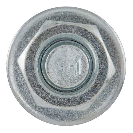 Top-down inspection view of a DeWalt Power Stud SD1 wedge expansion anchor head showing the round stamped layout profile with embossed structural identification markings G plus 1 surrounded by a zinc plated carbon steel hex nut and washer assembly.
