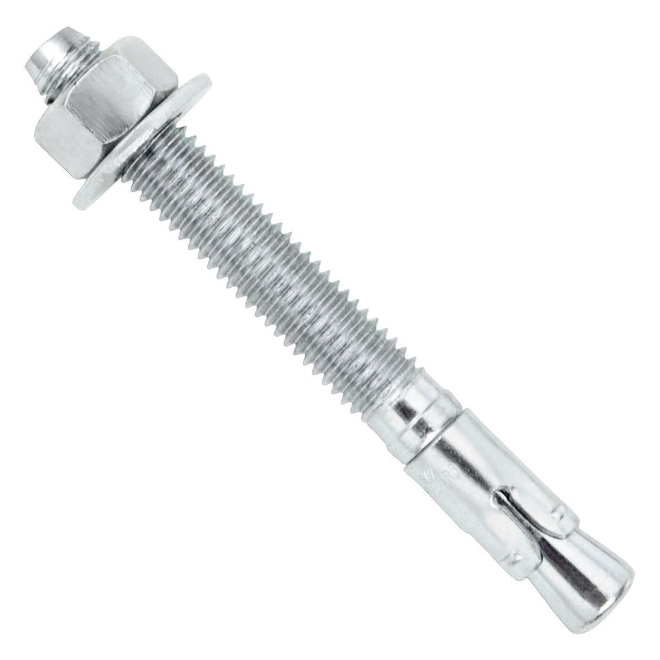 A detailed product photograph of a single DeWalt Powers Fasteners Power-Stud+ SD1 zinc-plated carbon steel wedge expansion anchor, featuring the fully threaded 5/8-inch diameter body, installed nut, washer, and the expansion clip at the tip, isolated against a white background.