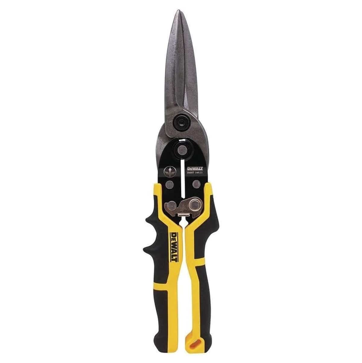 DEWALT DWHT14681 straight long cut aviation snips featuring forged steel serrated blades and ergonomic yellow and black grips for cutting sheet metal.