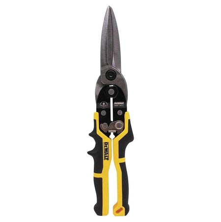 DEWALT DWHT14681 straight long cut aviation snips featuring forged steel serrated blades and ergonomic yellow and black grips for cutting sheet metal.