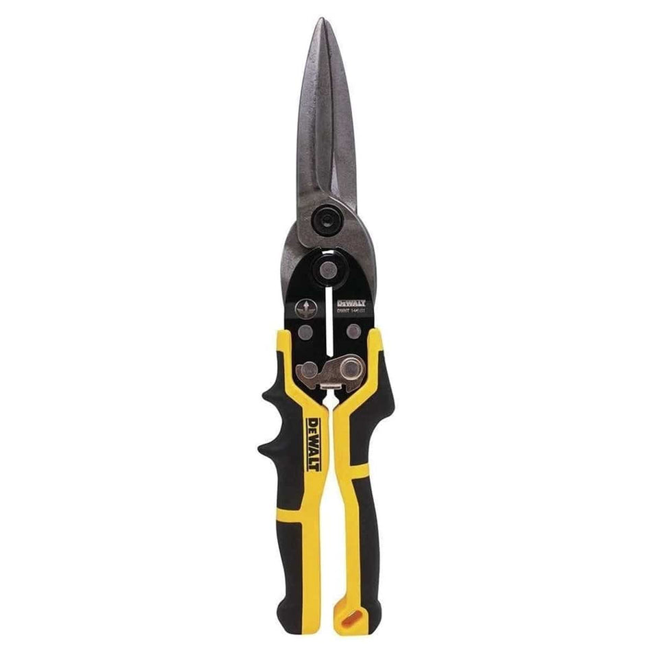 DEWALT DWHT14681 straight long cut aviation snips featuring forged steel serrated blades and ergonomic yellow and black grips for cutting sheet metal.