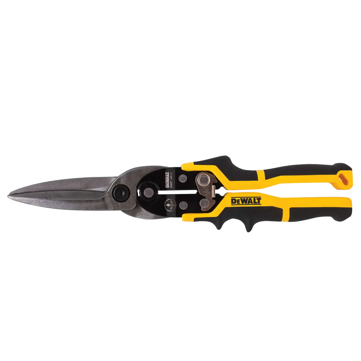 Image of Long Cut Aviation Snips. The image shows a pair of heavy-duty snips or shears, likely for cutting metal, with distinct black and yellow handles. The tool has two sturdy gray metal blades that come to a point, and the handles are designed with ergonomic grips.