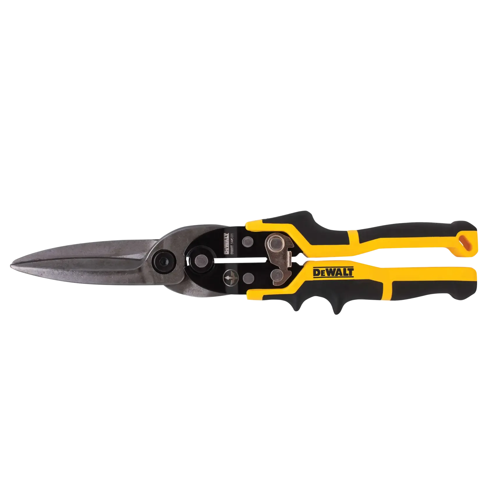 Image of Long Cut Aviation Snips. The image shows a pair of heavy-duty snips or shears, likely for cutting metal, with distinct black and yellow handles. The tool has two sturdy gray metal blades that come to a point, and the handles are designed with ergonomic grips.