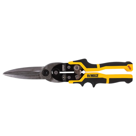 Image of Long Cut Aviation Snips. The image shows a pair of heavy-duty snips or shears, likely for cutting metal, with distinct black and yellow handles. The tool has two sturdy gray metal blades that come to a point, and the handles are designed with ergonomic grips.
