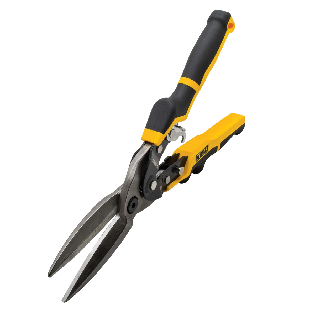 DeWalt aviation snips with black and yellow handles designed for cutting sheet metal and other tough materials.