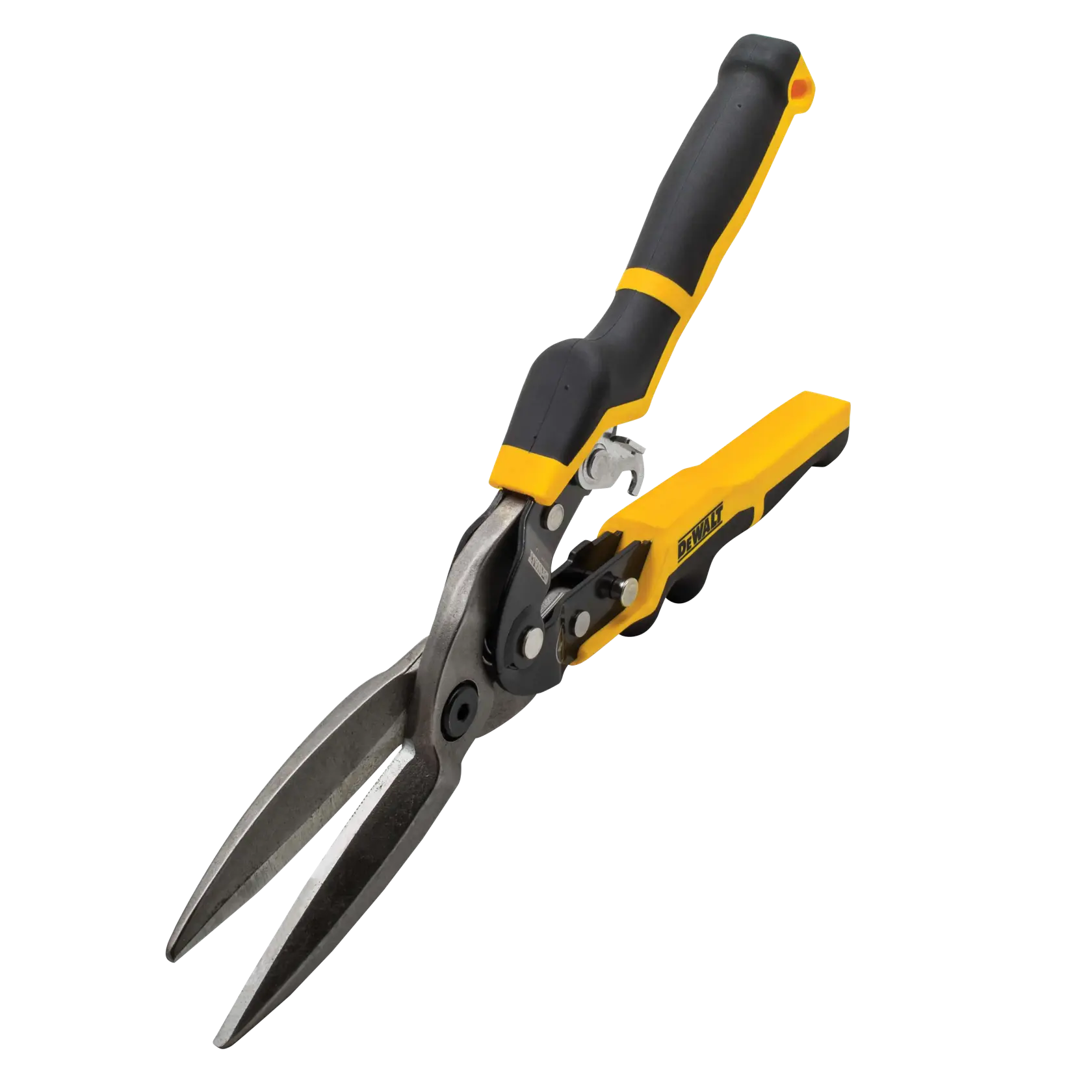 DeWalt aviation snips with black and yellow handles designed for cutting sheet metal and other tough materials.