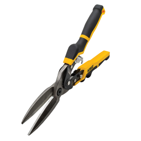 DeWalt aviation snips with black and yellow handles designed for cutting sheet metal and other tough materials.