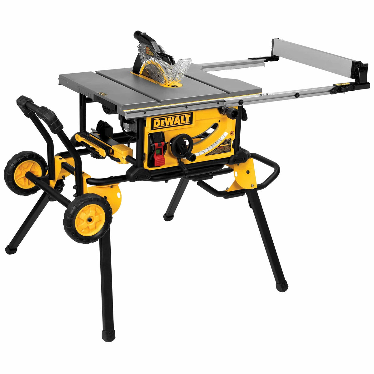 DeWalt DWE7491RS 10-inch 15 Amp jobsite table saw set up on its heavy-duty folding rolling stand with wheels.