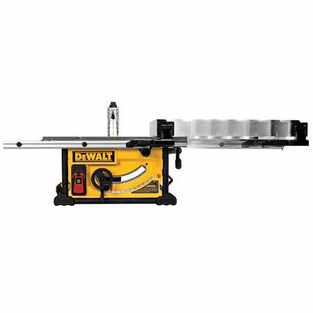 Motion graphic showing the rack-and-pinion telescoping fence on the DeWalt DWE7491RS extending smoothly to 32-1/2 inches.