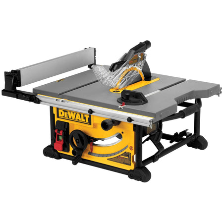 Three-quarter front view of the DeWalt DWE7491RS 10-inch jobsite table saw with its telescoping rack-and-pinion fence set up.